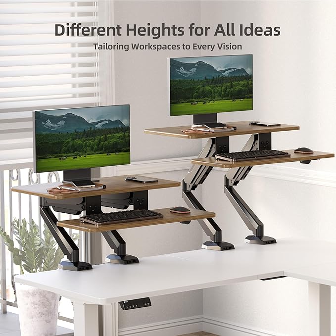 Claiks 24-Inch Sit-Stand Workstation，Innovative Space-Saving Height-Adjustable Ergonomic Desk Converter with Wide Keyboard Tray，Dual Fixation and Flexible Rotation Function, Rustic Brown