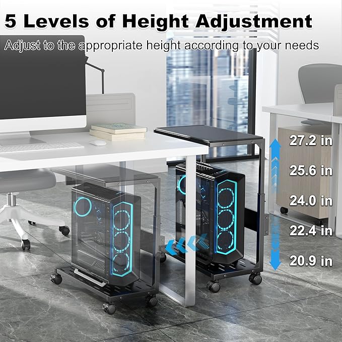 Aquzee PC Stand, Adjustable Computer Tower Stand on Wheels, Heavy Duty Metal Computer Case Cart with Power Strip, Under Desk Rolling PC Holder for Floor Carpet, Gaming Home Office Bedroom, Black