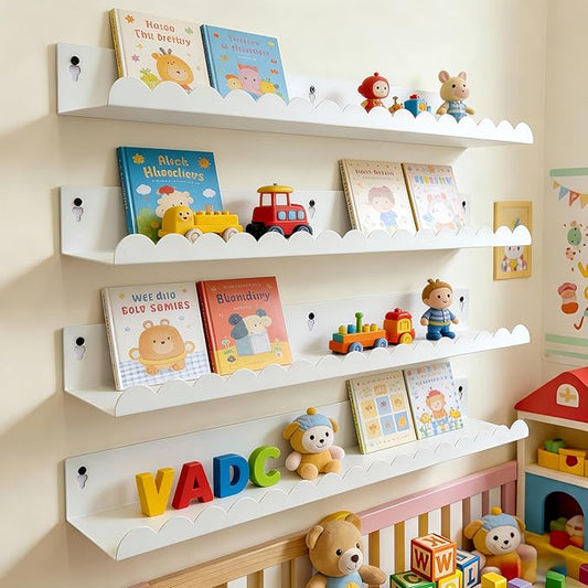24 Inch Nursery Book Shelves Set of 4, White Metal Floating Shelves for Wall, Scalloped Cloud Book Shelf for Kids Room, Bathroom, Bedroom, Playroom Wall Decor & Storage