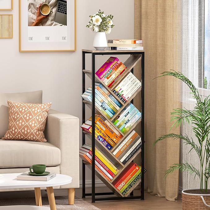 Cutogxon Tree Bookshelf - 9 Tier Floor Standing Bookshelf for Hardcover Books, Small Bookshelf for Small Spaces Wooden Book Storage Organizer Shelves for Bedroom Living Room