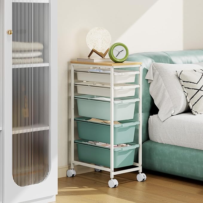 Rolling Storage Cart with 5 Drawers, Craft Organizer, Wooden Tabletop Utility Cart for Bedroom, Children's Room and Office Organization, Table Side Trolley with Lockable Wheels, Green