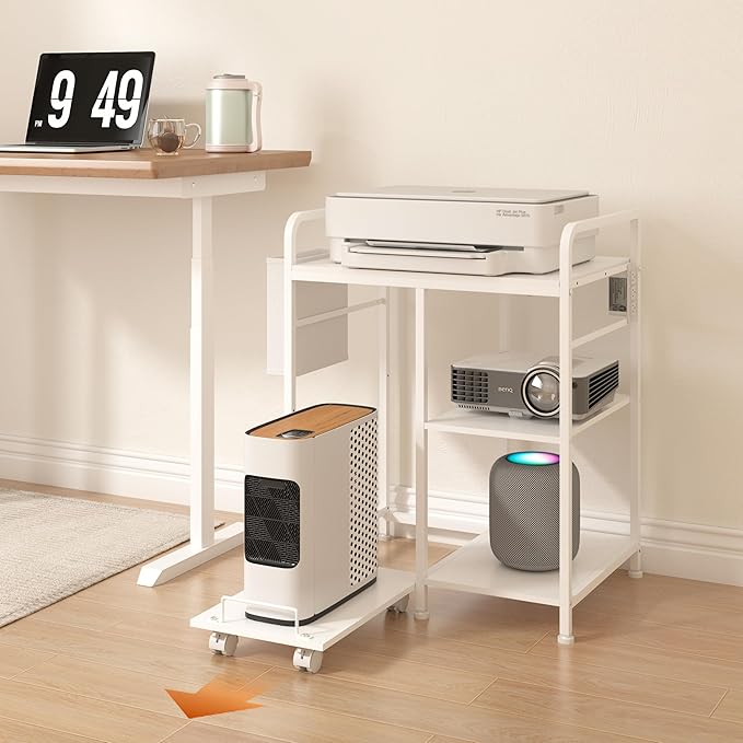 Sedegn Home Printer Stand with Charging Station, 24x18 Inches Stands for Large Printer, Printer Shredder Stand with Storage for Home Office, Table for Fax Machine/PC Tower (White)