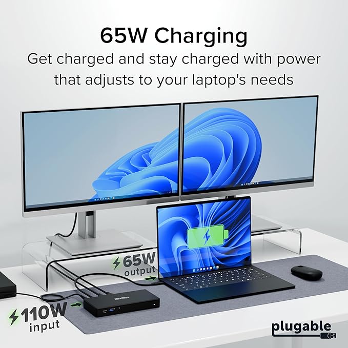 Plugable USB-C Docking Station Dual 4K 60Hz HDMI, 65W Charging, Gigabit Ethernet, 1x USB-C 5Gbps, 3X USB-A, Audio, Windows/ChromeOS, USB-C/USB4/Thunderbolt, Driverless (UD-MSTH2)