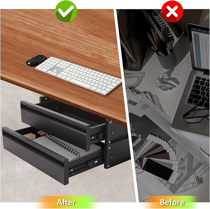 15 in 2-tier Under Desk Drawer,Adjustable Height, Under Desk Drawer Slide Out with Slide Extension Mounted Under Flat Wooden Table, Carbon Steel Hidden Desk Drawer for Office & Home