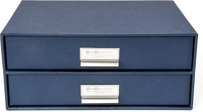 Bigso Box of Sweden Birger 2-Drawer Fiberboard Label Frame Document Letter Box | Desktop Drawers for Loose Papers, Document| Desktop Storage Drawer with Metal Label Holder | 13.1” x 10” x 5.7” | Blue