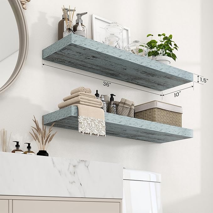 Axeman 36Inch Floating Shelves for Wall, 2 Pack Shelves for Bedroom, Bathroom, Kitchen, Hanging Wall Mounted Rustic Wood Shelf with Invisible Brackets for Books Decor, Rustic Blue