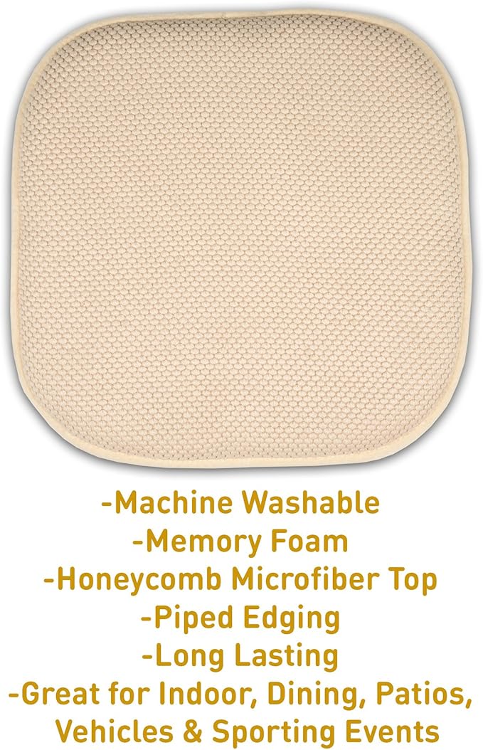 Sweet Home Collection Memory Foam Chair Cushion Honeycomb Pattern Solid Color Slip Non Skid Rubber Back Ultimate Comfort and Softness Rounded Square 16" x 16" Seat Cover, 12 Pack, Linen