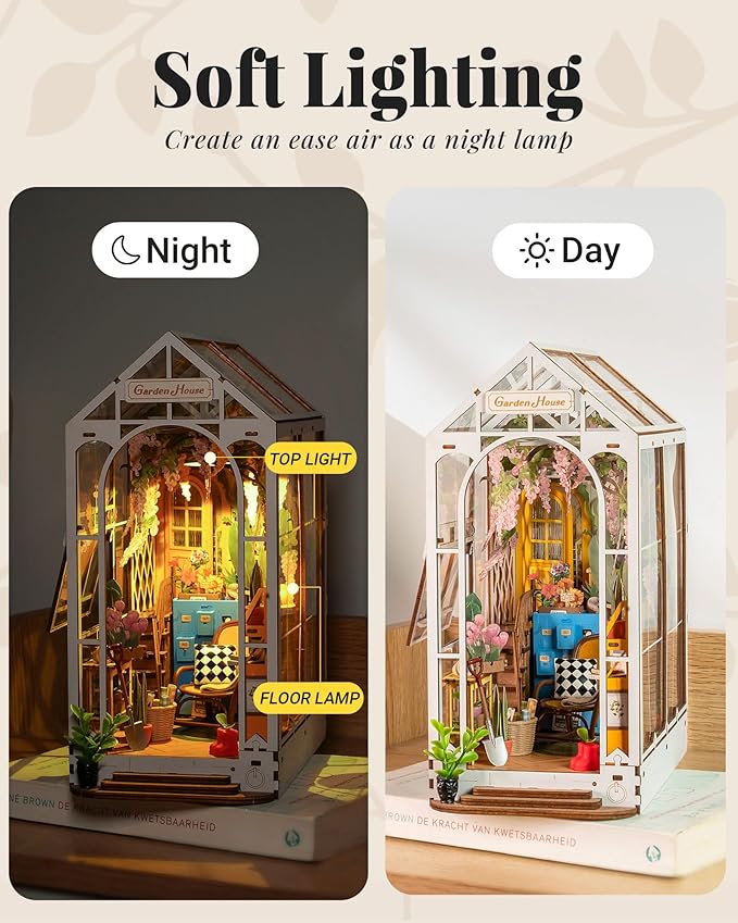 Rolife DIY Book Nook Kit Wooden 3D Puzzle Bookends 9.5" Garden House Miniature Kit with LED Bookshelf Decor Arts and Crafts for Adults Family Project Hobby Creative Gifts for Girls Boys Christmas