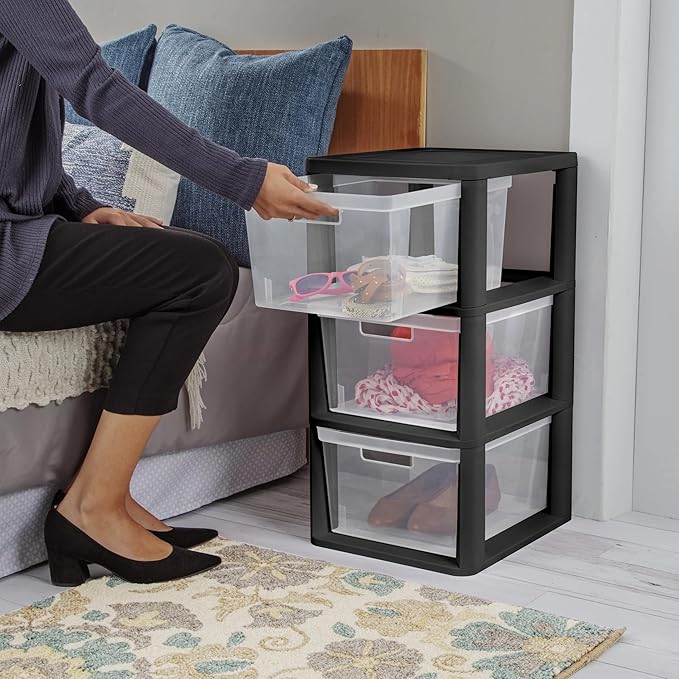 Plastic Drawer Wide Tower Plastic Storage Cart with Clear Pull Out Drawers, Black (Black, 3 Drawer Wide Tower)