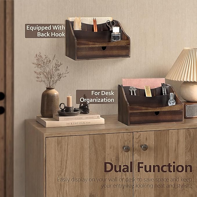 Rebee Vision Acacia Wood Mail Organizer for Desk – Retro Countertop Mail Holder with Dividers – 4-Slot Letter Sorter for Office Accessories – Desktop Organizer for Home Decor (Dark Acacia)