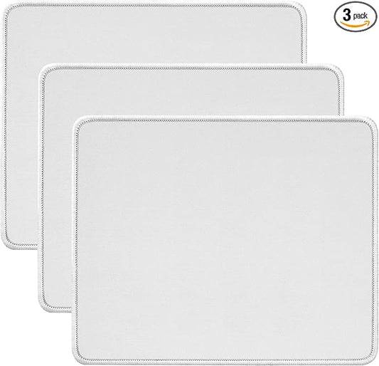 JIKIOU 3 Pack Mouse Pad with Stitched Edge, Comfortable Mouse Pads with Non-Slip Rubber Base, Washable Mousepads Bulk with Lycra Cloth, Mouse Pads for Computers Laptop Mouse 10.2x8.3in Blank White