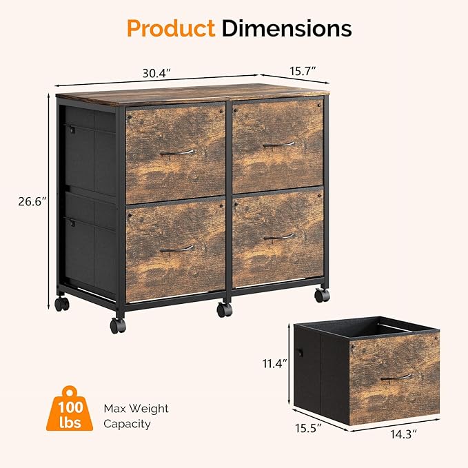 VINGLI 4 Drawer Mobile File Cabinet with Wheels Filing Cabinet Under Desk File Cabinet, Fabric Drawers Printer Stand for Home Office, Fits Letter Size, Rustic Brown