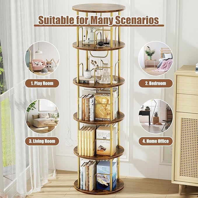 ALLSTAND 5 Tier Rotating Bookshelf, 360 ° Display Stackable Spinning Bookshelf Tower, Narrow Space Saving Tall Floor Standing Swivel Bookcase Corner Storage Organizer for Bedroom, Living Room, Gold
