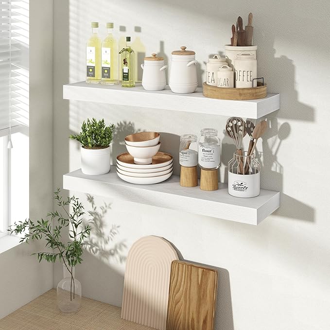 Acovy 24 Inch Floating Shelves for Wall 2 Pack, 24" Wall Shelves for Books, Storage, Decor, Wall Mounted Floating Shelf with Invisible Brackets for Kitchen, Living Room, White