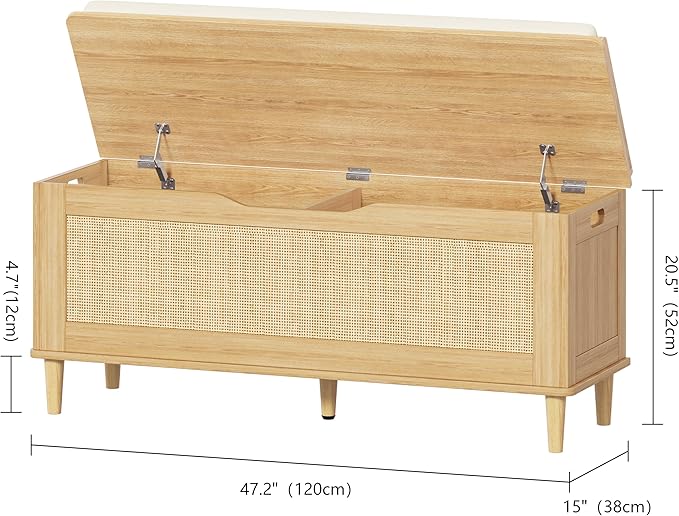 Keehusux 47.2" Extra Large Storage Bench with Cushion, Rattan Storage Chest with 2 Safety Hinges, Blanket Chest with Solid Wood Legs and Rounded Corners for Entryway, Bedroom, Living Room, Natural Oak