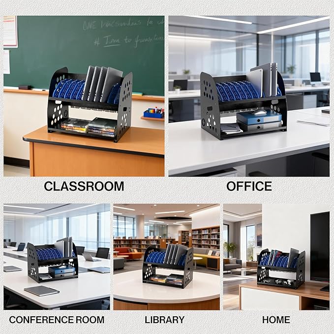 POCHAR 10-Device Charging Station for Chromebook, Tablet - Laptop Storage Rack with Storage Space, Multi-Device Charging Organizer for Classroom, Office, Hospital