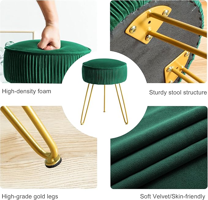 LUE BONA Pleated Vanity Stool, Velvet Upholstered for Makeup Room, Round Mondern Stool for Vanity, Ottoman Footrest with Metal Legs for Living Room, Bedroom, Emerald