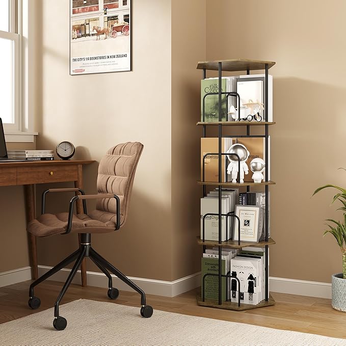 SUNMORY 4 Tier Rotating Bookshelf Tower, Revolving 360 ° Spinning Bookcase, Hexagonal Corner Book Shelf Storage Carousel, Vertical Rotate Turning Organizer Book Shelves for Living Room Office Bedroom