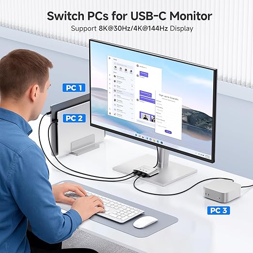 Cable Matters 20Gbps USB C Switch, 3-in-1-Out, Supports Up to 8K@30Hz on Windows, 4K@60Hz on macOS, 140W PD, for Sharing a USB-C/Thunderbolt 4 Monitor or Dock (Not Work with Captive Cable Docks)