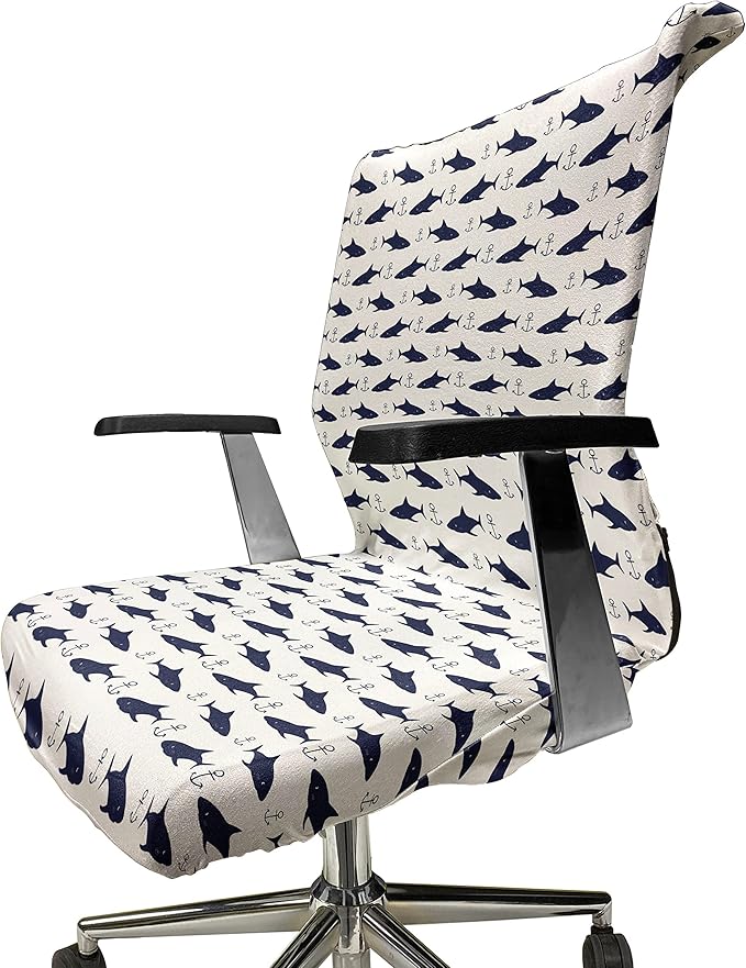 Ambesonne Anchor Office Chair Cover, Aquatic Pattern with Sharks and Anchors Contemporary Classical Modern Fish Animal, Stretchable Decorative Universal Size High Back Printed Slipcover, Indigo White