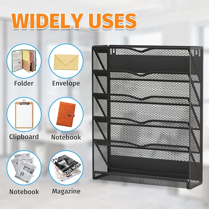 6-Tier Magnetic File Holder, No Drilling Magnetic File Organizer Folder Holder, Black Hanging Magnetic Paper Holder for Refrigerator, Whiteboard, File Cabinets, Office, Kitchen (Black, 6-Tier)