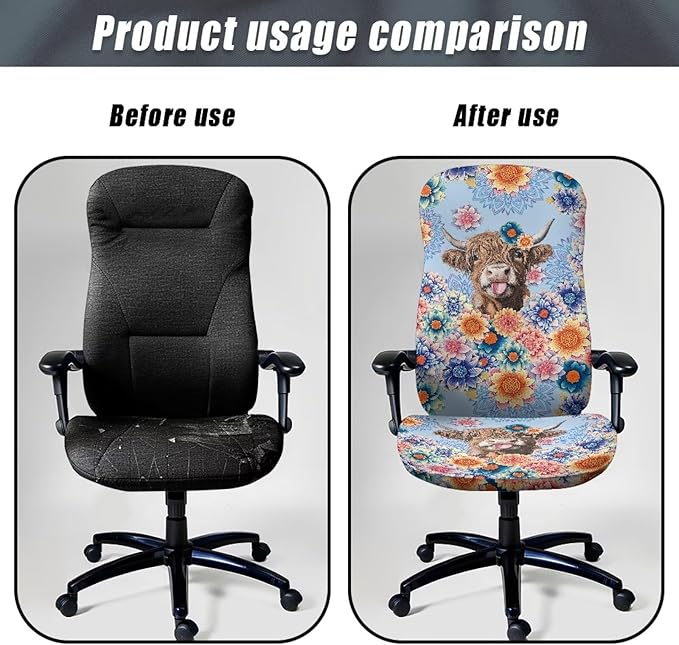 Talayituse Boho Mandala Highland Cattle Print Office Chair Covers, Stretch Computer Chair Cover, Universal Boss Chair Covers Modern Simplism Style High Back Chair Slipcover, Large