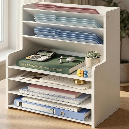 7 Tier White Desk Organizer for Office Organization, Wood Paper Organizer for Desk, Vertical Desktop File Folder Holder & Letter Tray, Aesthetic School Storage Orgnizer Shlef