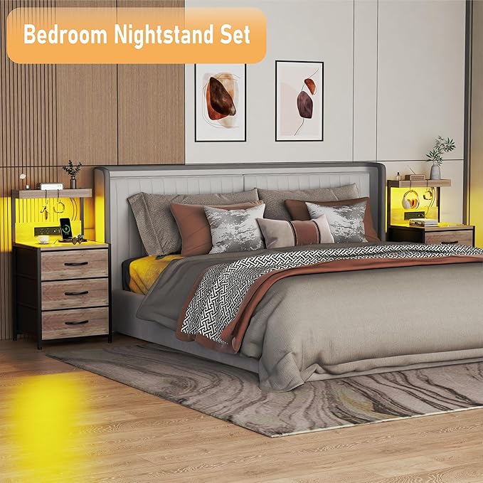 SZLHANJZ Night Stand Set 2 with LED Lights for Bedroom, Bedside Nightstands with Power Outlet and Type C Port, Matching Tables with 3 Fabric Drawers, Hooks, and Shelves, Greige