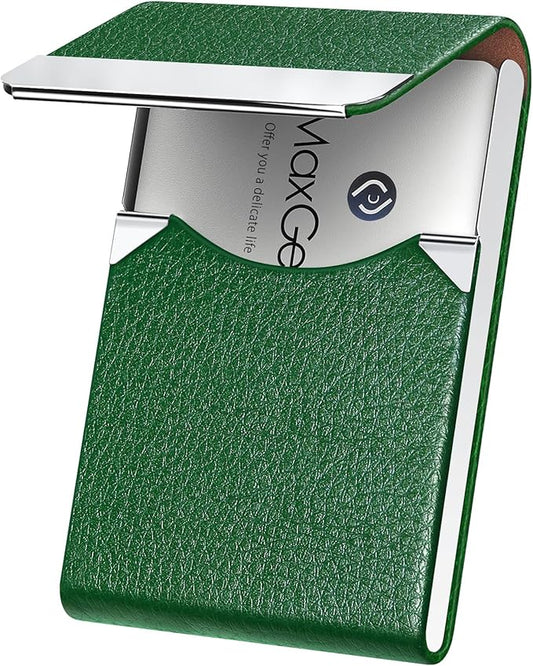 MaxGear Business Card Holder, Slim PU Leather & Stainless Steel Business Card Case for Men & Women, RFID Blocking Name Card Holder with Magnetic Closure, Dark Green