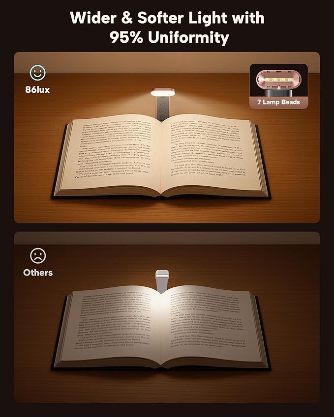 86lux Book Light, Reading Light for Book in Bed, USB Rechargeable LED Night Light with 3 Colors & Stepless Dimming, Aluminum Alloy Bookmark Light for Book Lovers, Rose Gold