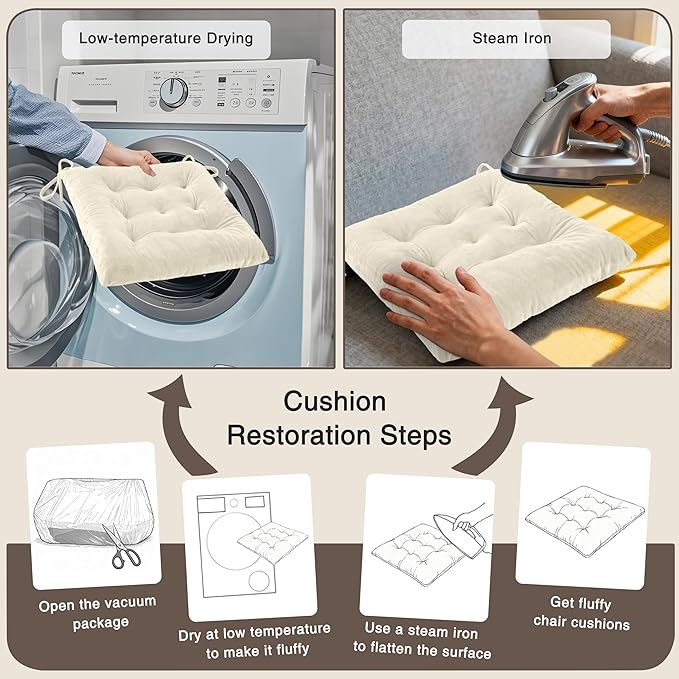 OVOV 4 Pack Chair Cushions for Dining Chairs Soft Seat Cushions for Kitchen Desk Chairs Square Chair Pads with Ties (15.5"x15.5" Cream)