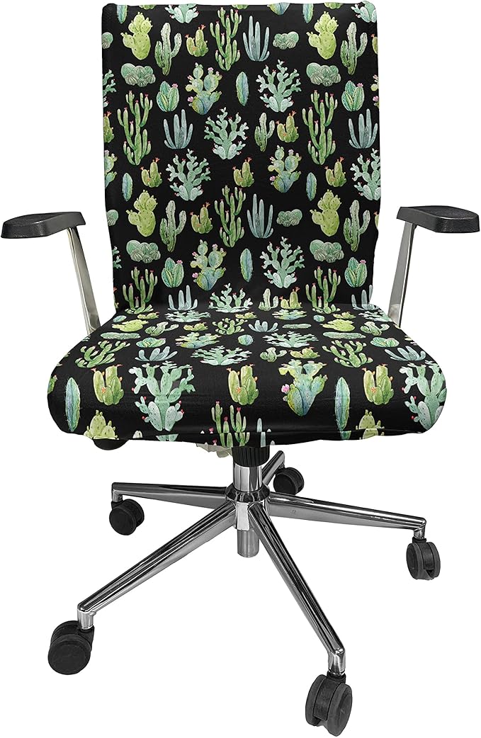 Ambesonne Cactus Spring Flower Office Chair Cover, Composition of Various Succulent Types Blossoming Botany, Stretchable Decorative Universal Size High Back Printed Slipcover, Charcoal Grey