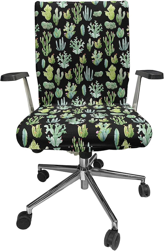 Ambesonne Cactus Spring Flower Office Chair Cover, Composition of Various Succulent Types Blossoming Botany, Stretchable Decorative Universal Size High Back Printed Slipcover, Charcoal Grey