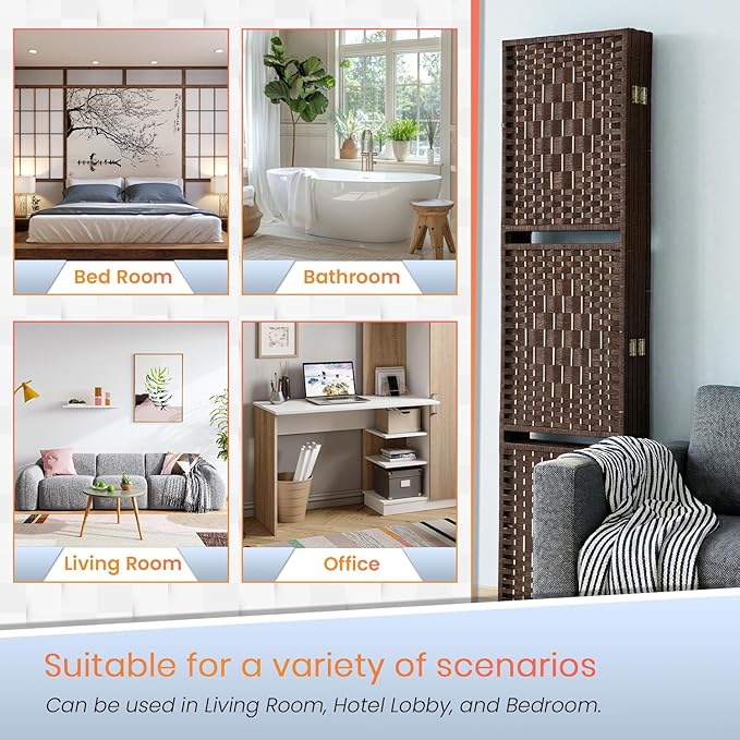 FDW 4 Panel Wood Room Divider - Foldable & Flexible Freestanding Screen, Easy Storage Partition Wall for Home Living Room, Rustic Brown