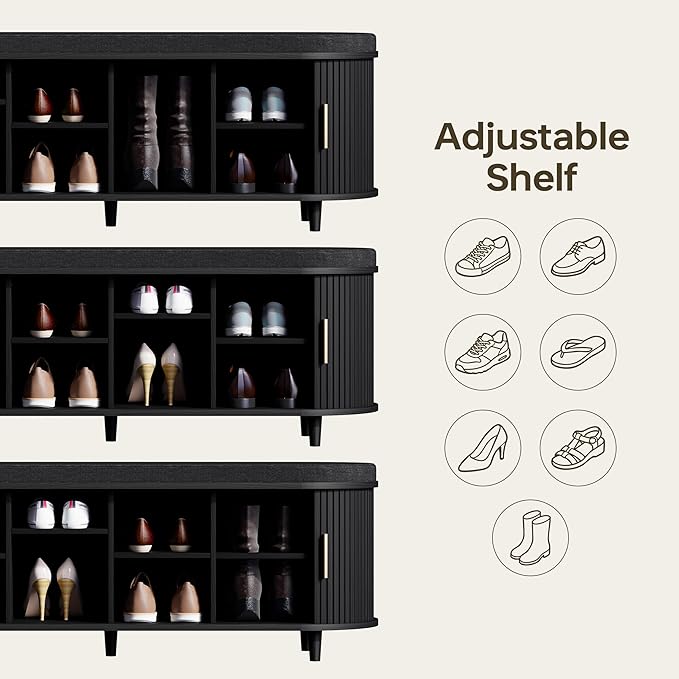 DHH 2-Tier Storage Bench,Wide Shoe Bench with Thickened Padded Seat Cushion, Mid Century Modern Fluted Sliding Door and Adjustable Shelf, for Entryway, Living Room, Bedroom (Black, 51.2”)