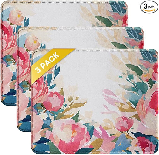 JIKIOU 3 Pack Mouse Pad with Stitched Edge, Comfortable Mouse Pads with Non-Slip Rubber Base, Washable Mousepads Bulk with Comfortable Cloth, Mouse Pads for Computers Laptop 10.2x8.3inch Multi Peony