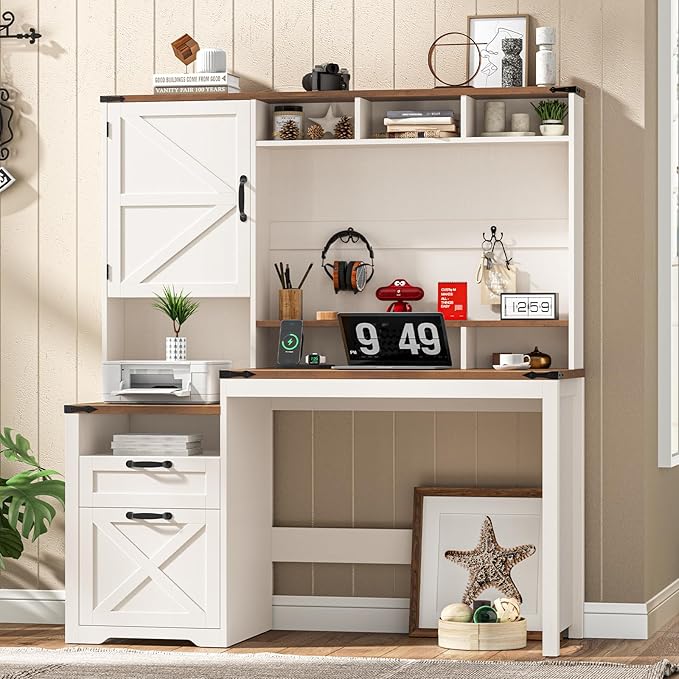 Vabches 51" Executive Desk Farmhouse Home Office Desk with Charging Station, File Drawer, Storage Cabinet, Monitor Stand, Wood Computer Desk with Hutch for Work Study Writing (Rustic White)