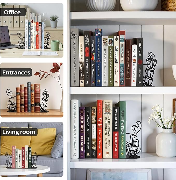ENCIMART Metal Bookends Creative Coffee Bookends Decorative Cute Kitchen Book Ends for Shelves Bookshelf Home Office Desk Reading Decor Bookshelf Decor for Book Lovers Gift