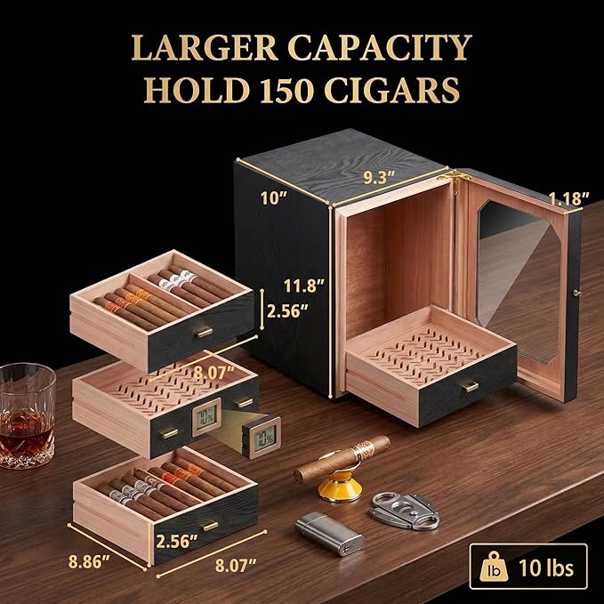 Epress Premium Cigar Humidor Cabinet - 4 Spanish Cedar Drawers with Electronic Hygrometer & Rectangular Humidifier - Airtight Magnetic Seal Glass Door - Luxury Desktop Storage for 100-150 Cigars