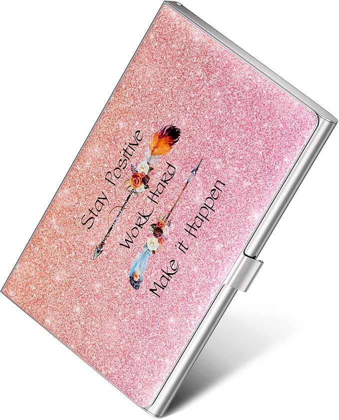 MaxGear Metal Business Card Holder for Men & Women, Stainless Steel Business Card Case Holds 10–20 Cards, Slim Pocket Name Cards Holder with Interior Lining & Buckle Closure, Pink