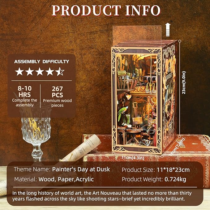MiniCity Book Nook Kit, DIY Miniature Dollhouse Booknook Kit, 3D Wooden Puzzle Bookend Bookshelf Insert Decor with LED Light for Teens and Adults, Painter's Day at Dusk