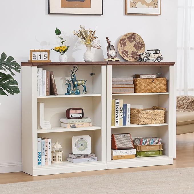 RWYHG 43" White Tall Bookshelf,3-Tier Thick Wooden Book Shelf with Adjustable Shelves,Free Standing Farmhouse Bookcase with Open Display Storage,Floor Vintage Bookshelves for Living Room,Office