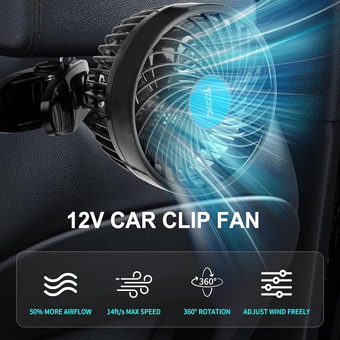 XOOL 12V 6'' Car Fan, Clip Fan 360 Degree Rotatable Car Fan Cooling Air Fan with Stepless Speed Regulation & Cigarette Lighter Plug for SUV, RV, Vehicles