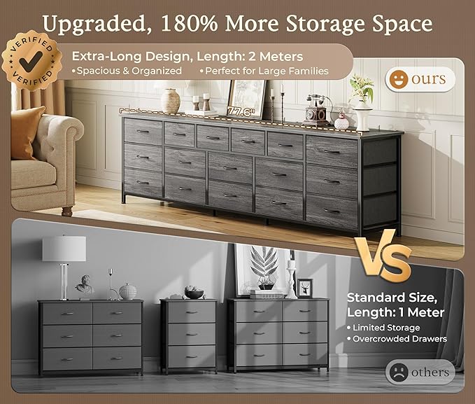 Huuger 77.6" Long Dresser for Bedroom, 16 Drawer Fabric Dresser for Closet, Wide Chest of Drawers with Storage, TV Stand for 65, 75, 85 Inch TV, 77.6" W x 12.9" D x 26.7" H, Grey