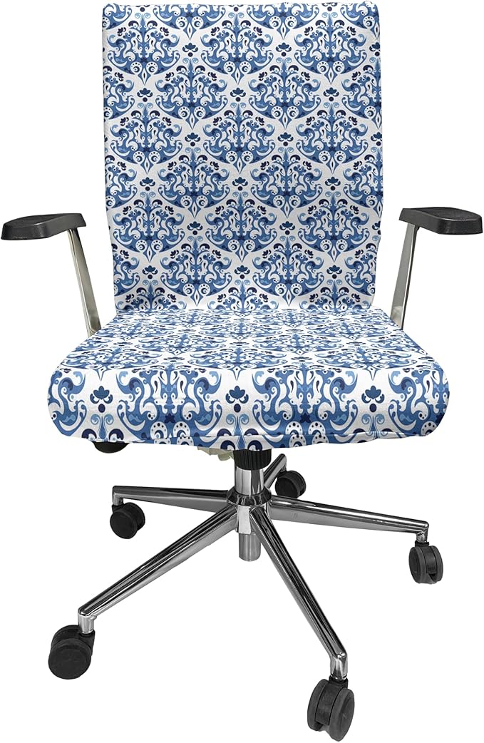 Ambesonne Indigo Office Chair Cover, Victorian Style Floral Design Vintage Print, Stretchable Decorative Universal Size High Back Printed Slipcover, Azure Blue