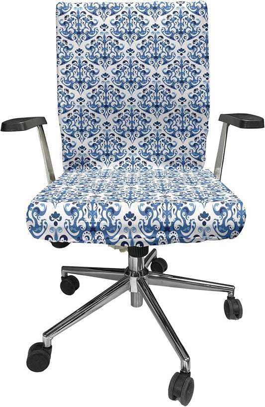 Ambesonne Indigo Office Chair Cover, Victorian Style Floral Design Vintage Print, Stretchable Decorative Universal Size High Back Printed Slipcover, Azure Blue