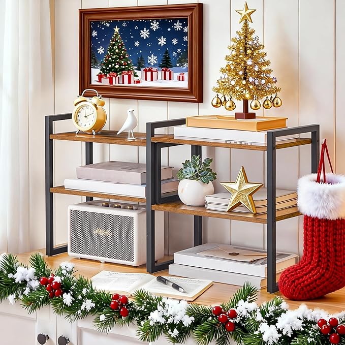 HOOBRO Desk Shelf Organizer, Adjustable Desktop Bookshelf, 2-Tier Shelf for Top of Desk, Wooden Office Storage Rack, for Office, Study, Kitchen, Dorm, Rustic Brown and Black BF39SJ01