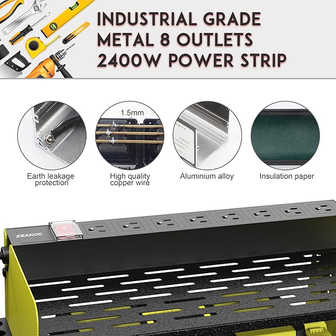 Power Tool Organizer with Charging Station, 4 Layers Drill Holder Wall Mount, Metal Garage Rack with 8 Outlet Power Strip, Tool Shelve Drill Bit Storage, Christmas Gift for Men Dad(Green&Black)