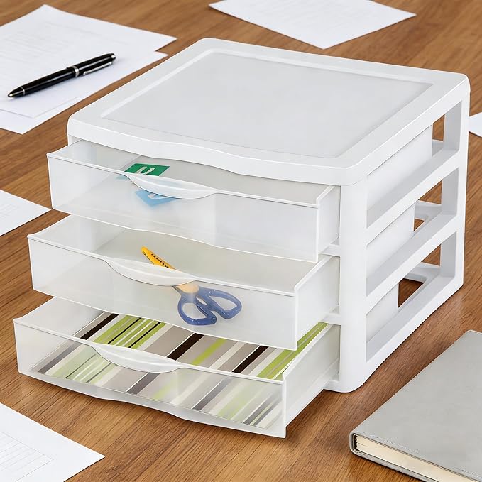 Wide 3-Drawer Unit (2-Pack), Clear Plastic Countertop Desktop Storage Organizer, White
