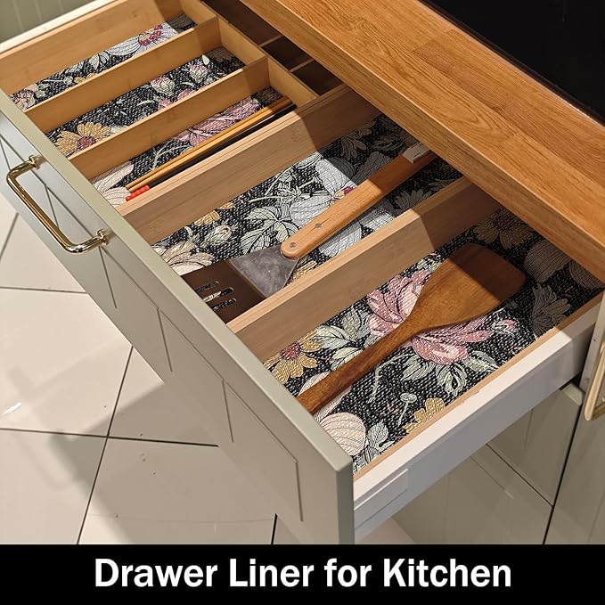Black Retro Floral Shelf Drawer Liner for Kitchen Cabinets 16IN x 10FT Non-Adhesive, Waterproof Strong Non-Slip Shelf Cabinet Drawer Liners for Dresser Table Cupboard Liners,Easy to Clean